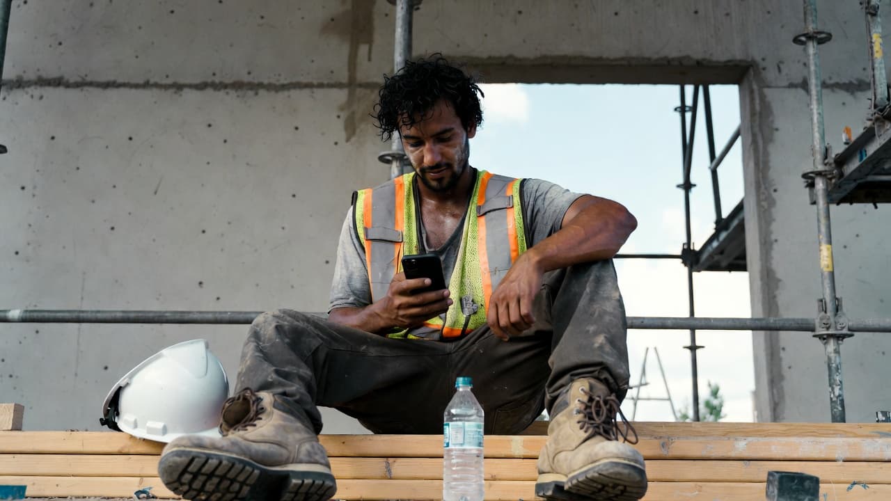 Construction worker checking his phone on a break, learning about the stock market