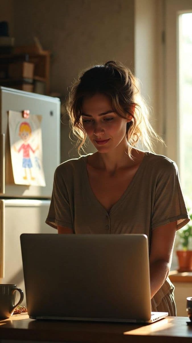 Woman at a kitchen table in morning light, focused on learning about investing on her laptop