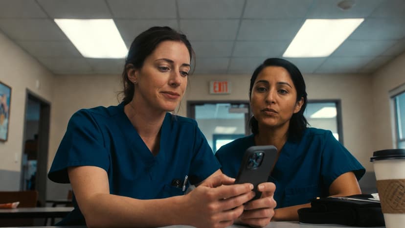 Two nurses in a break room learning about investing together on a phone